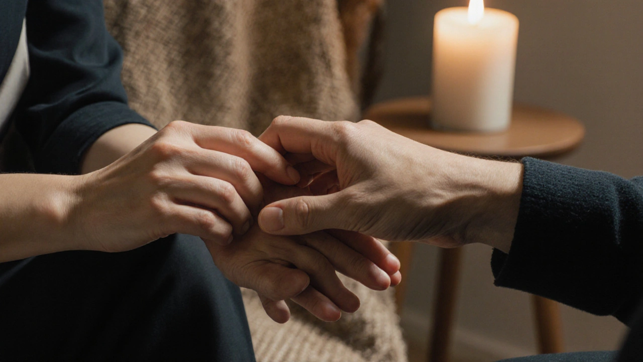 Dvě ruce: jedna terapeuta jemně dotýká zápěstí klienta, symbolizující důvěru a bezpečný kontakt.