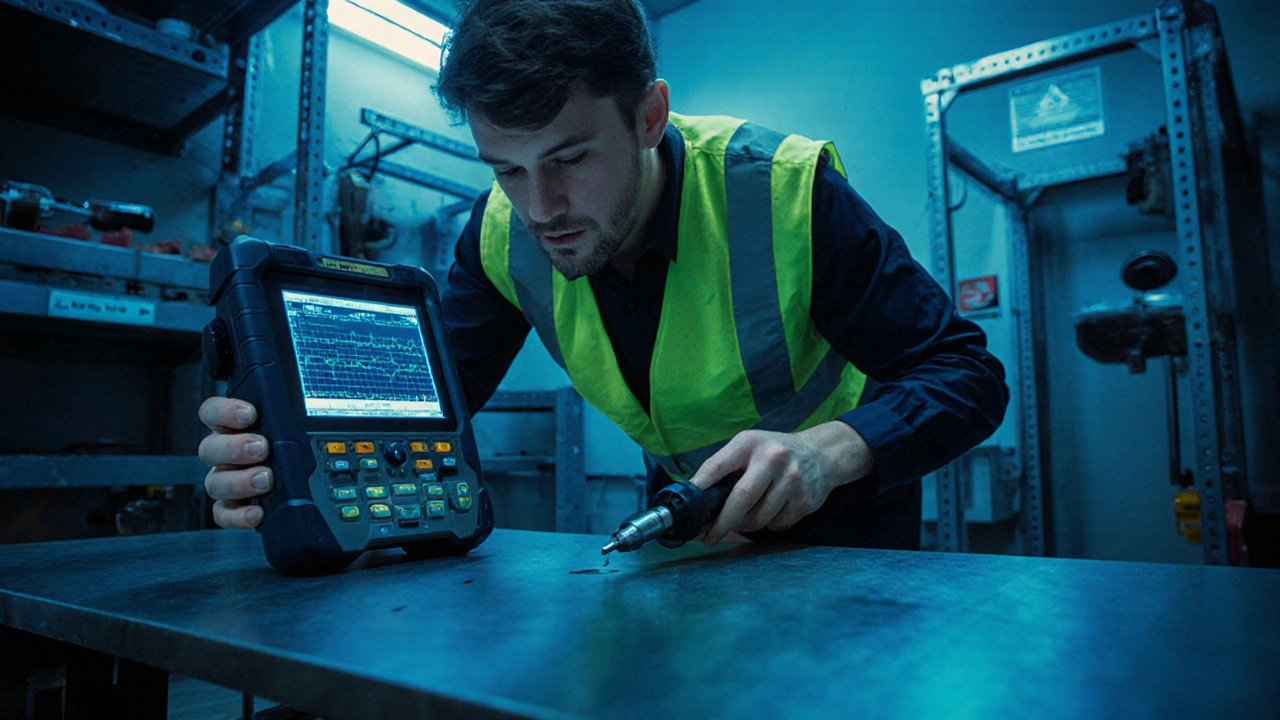 Kandidát kalibruje ultrazvukový přístroj na ocelové destičce v laboratoři.