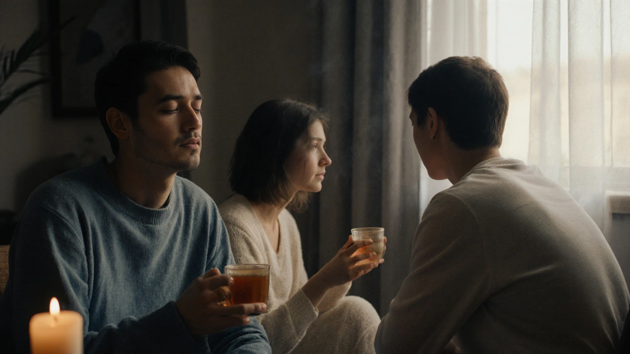 Tři lidé v klidném prostoru po sezení — jeden pláče, druhý pije čaj, třetí poskytuje tichou podporu.