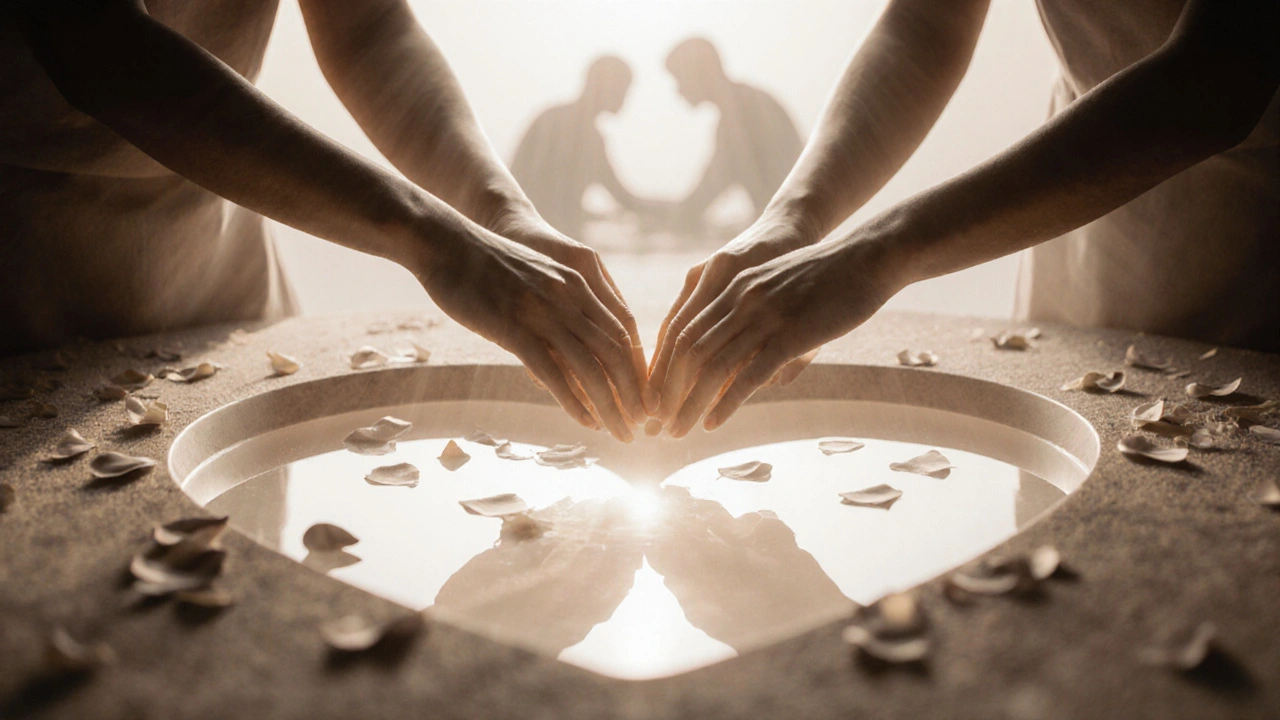 Abstraktní obraz dvou rukou se dotýkajících nad teplou vodou, symbolizující hlubokou emocionální spojenost bez fyzického překročení hranic.