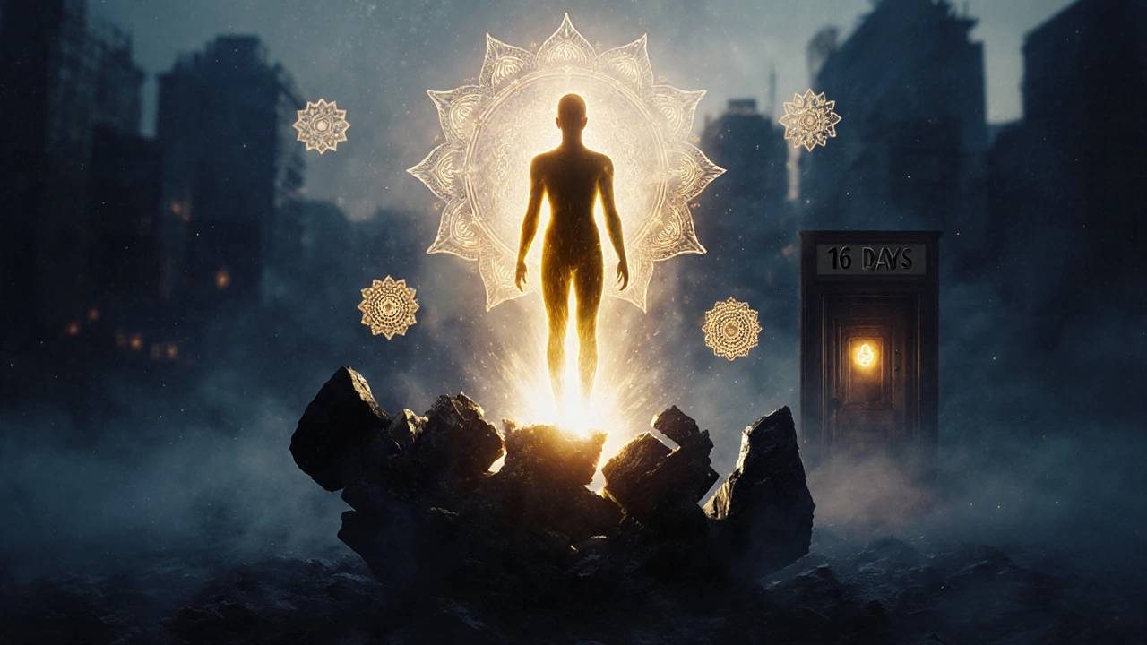 Abstraktní symbolický obraz transformace těla a vědomí v tantrické praxi.