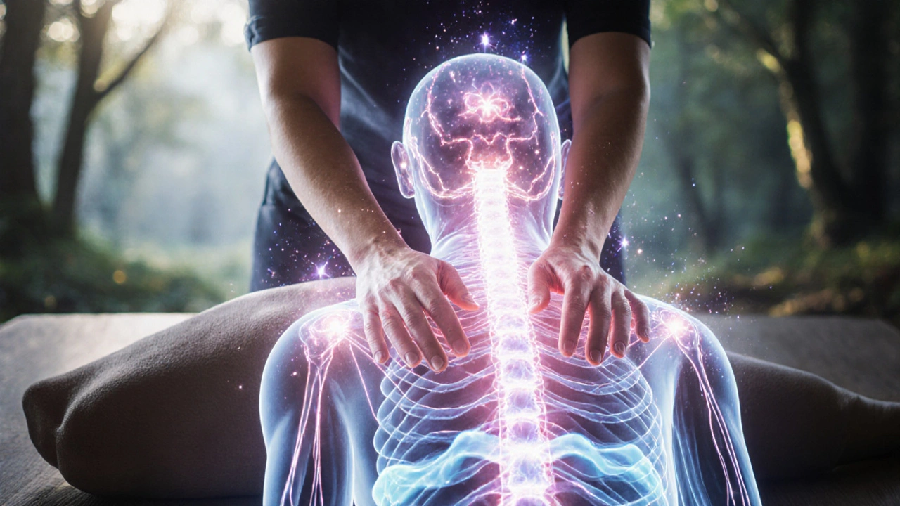 Abstraktní vyobrazení těla s světelnými energetickými linkami, symbolizujícími léčivý dotek a dýchání.