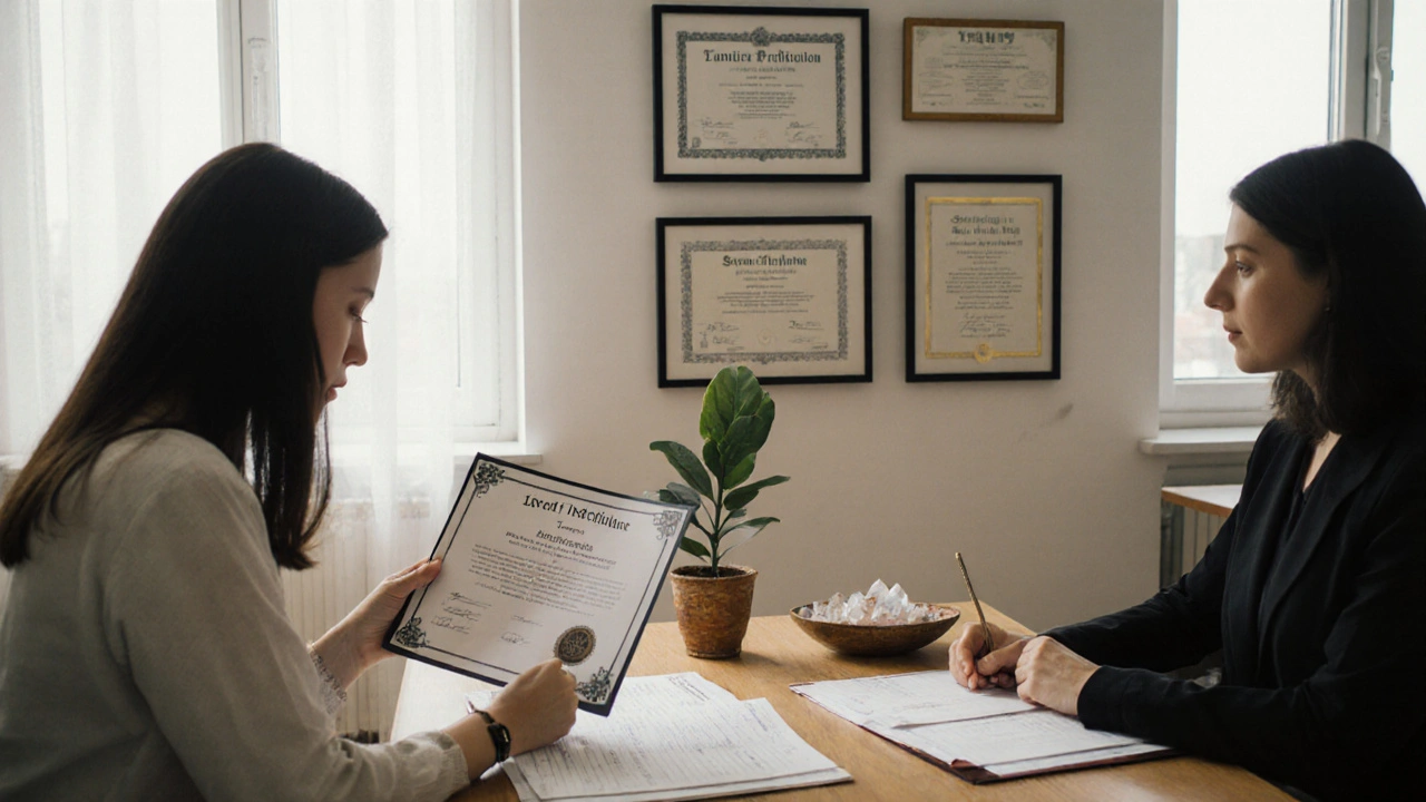 Certifikovaní lektoři tantrické masáže přehlížejí záznamy a certifikáty v profesionálním prostředí.