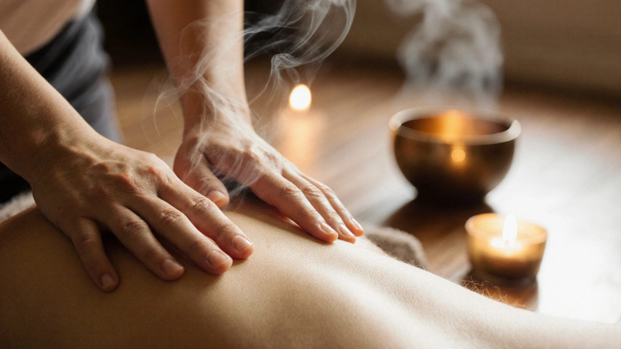 Dvě ruce se dotýkají břicha v tichém, osvětleném prostoru, kde je vidět pohyb dechu a lesk oleje na kůži.