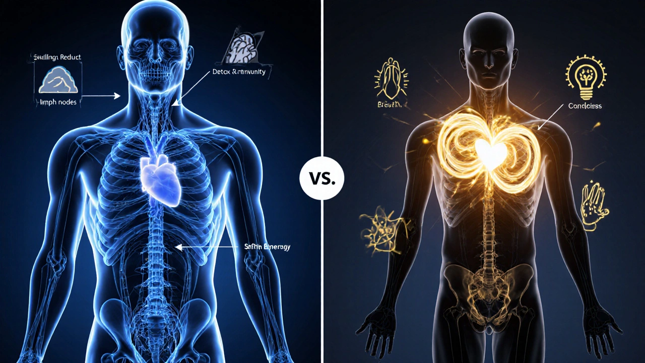 Dvoučástný koncept: lymfatický systém vlevo a energetické proudy vpravo, symbolizující vědu a duchovnost.