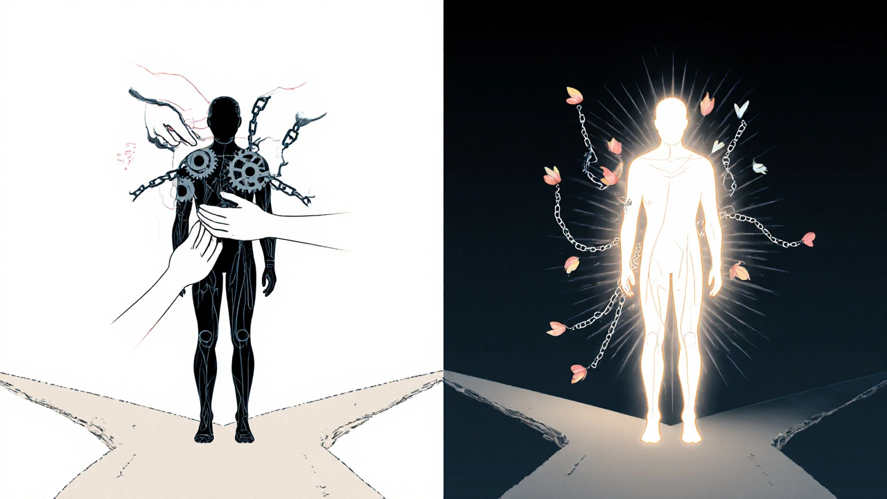 Konceptuální obrázek porovnávající fyzickou rehabilitaci a emocionální uvolnění jako dvě cesty.