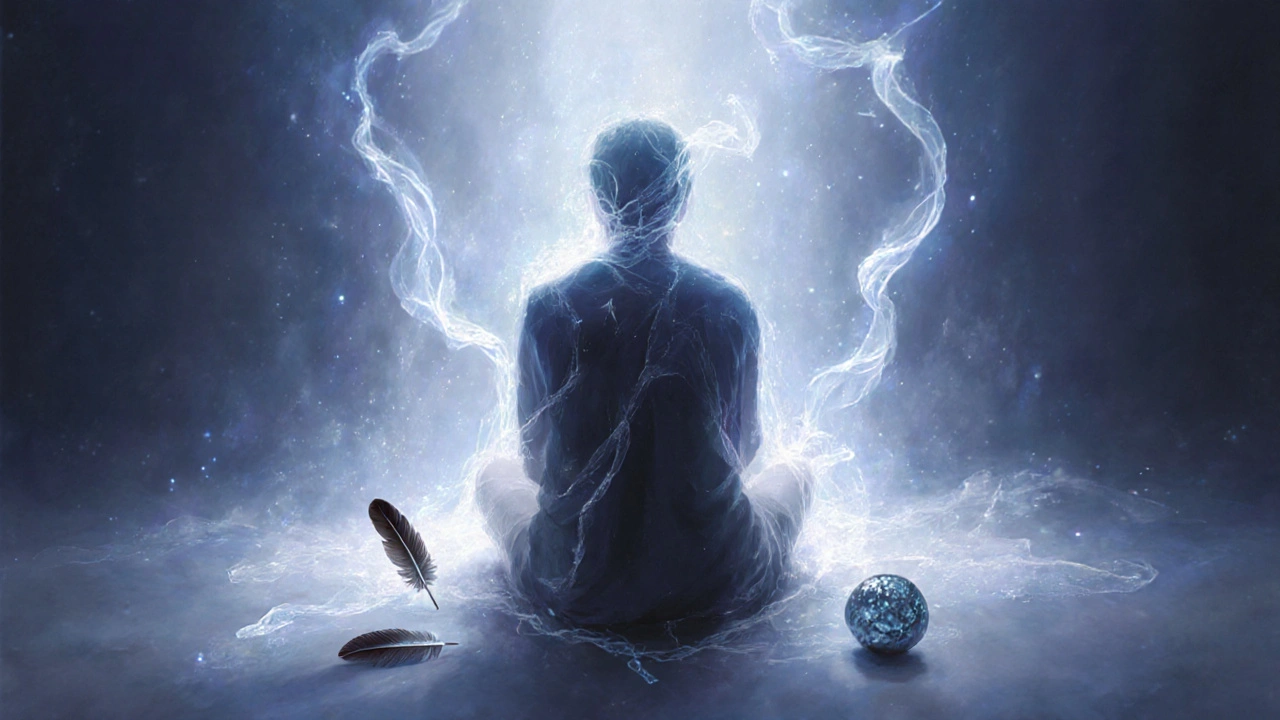 Postava v tichém prostředí, její tělo uvolňuje průhledné nitky světla, symbolizující uvolnění napětí.