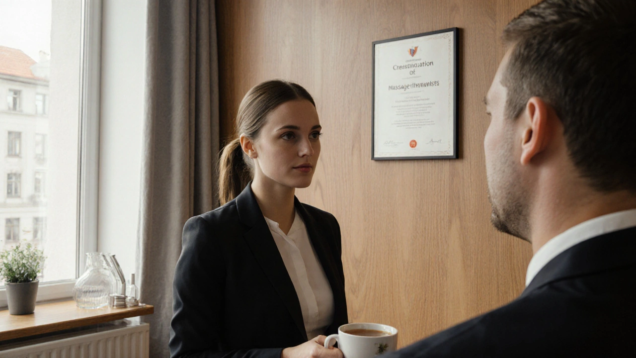 Profesionální masérka konzultuje klienta v wellness centru v Praze, viditelný certifikát o odborné kvalifikaci.