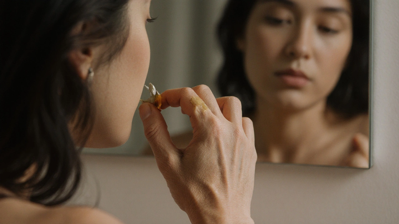 Ruka jemně dotýká oblasti yoni s přirozeným olejem, žena je v klidu a uvolnění.