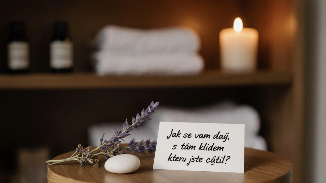 Rukou psaná zpráva s otázkou o klidu vedle sušené levandule a kamínku, symbolizující návrat k sobě.