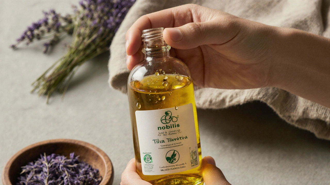 Skleněná láhev s bio masážním olejem Nobilis Tilia Tantra s přírodními složkami.