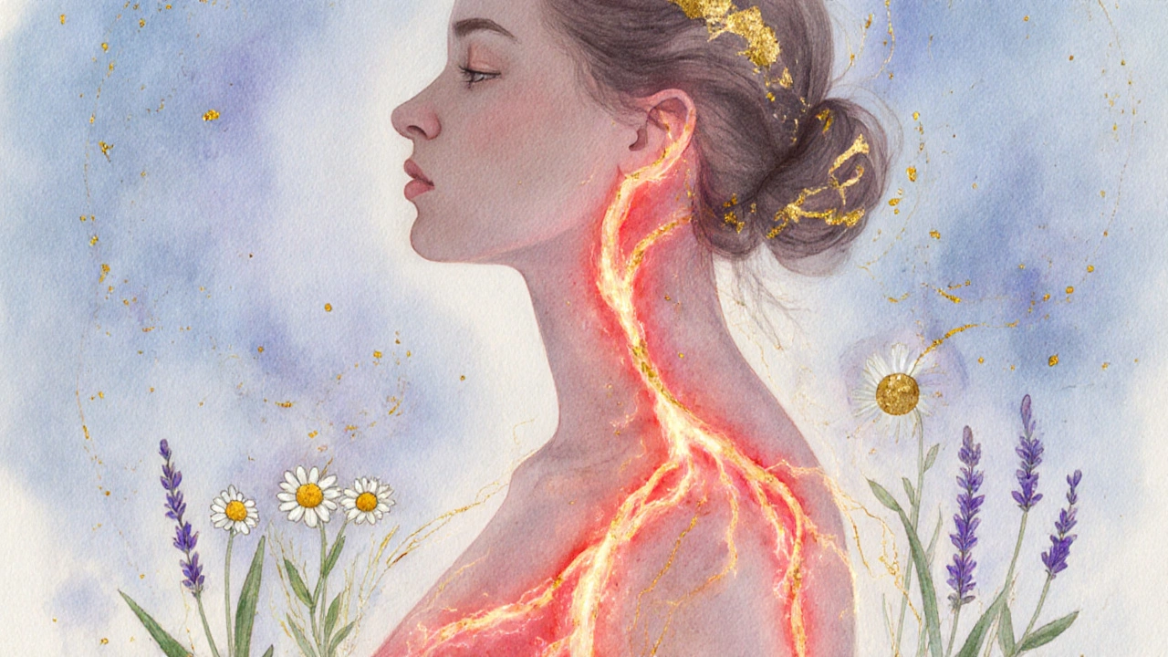 Symbolický obraz těla s teplými světelnými cestami znázorňujícími obnovu krevního oběhu a citlivosti.