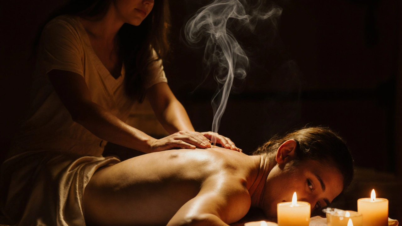 Tantrická masáž v klidném, osvětleném prostředí s olejem a svíčkami, zaměřená na vnitřní uvolnění.