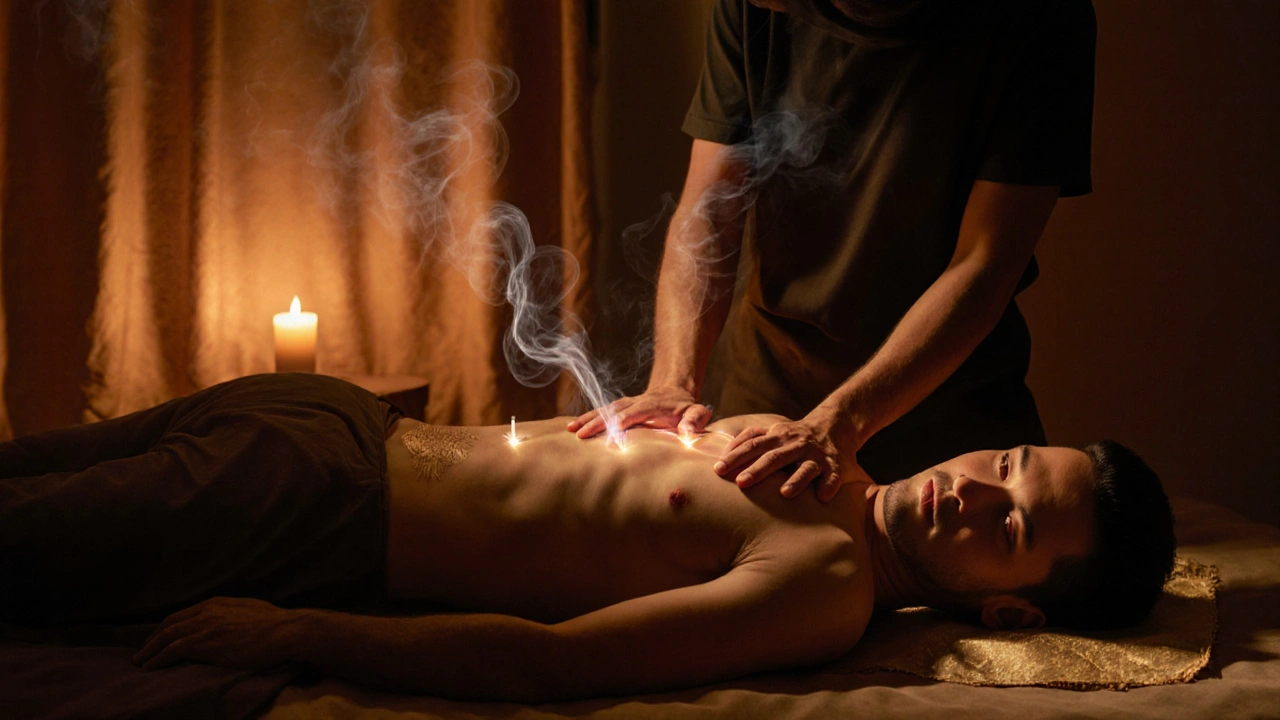Tantrická masáž v klidném prostředí s teplým osvětlením a jemným kouřem kadidla.