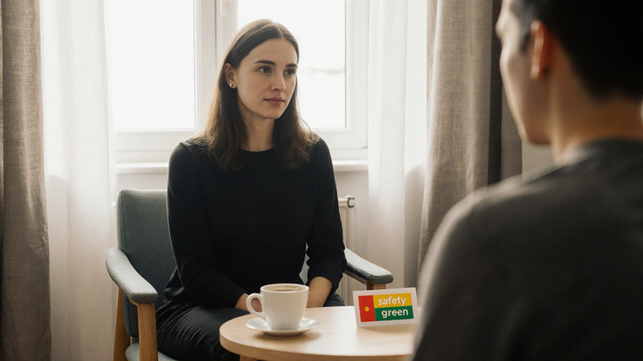 Terapeut a klient se během konzultace podívají do očí, na stole je karta bezpečných slov a šálek čaje.