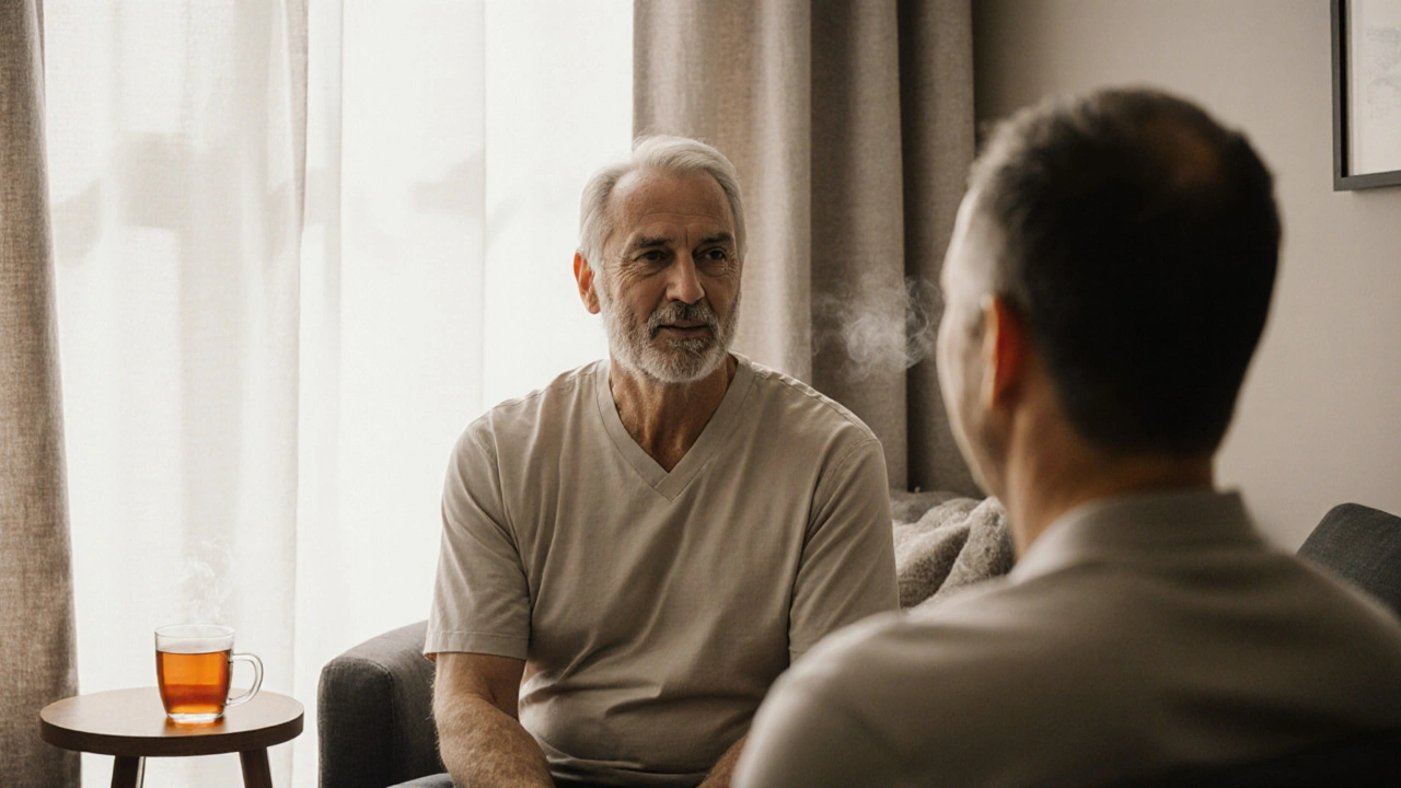 Terapeut a klient si hovoří v klidné místnosti, symbolizující důvěru a bezpečí před masáží.