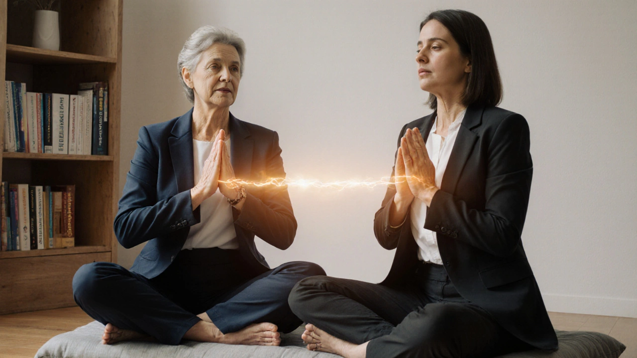 Terapeut a klientka dýchají současně, spojení energie mezi nimi je viditelné jako teplo na hrudi.