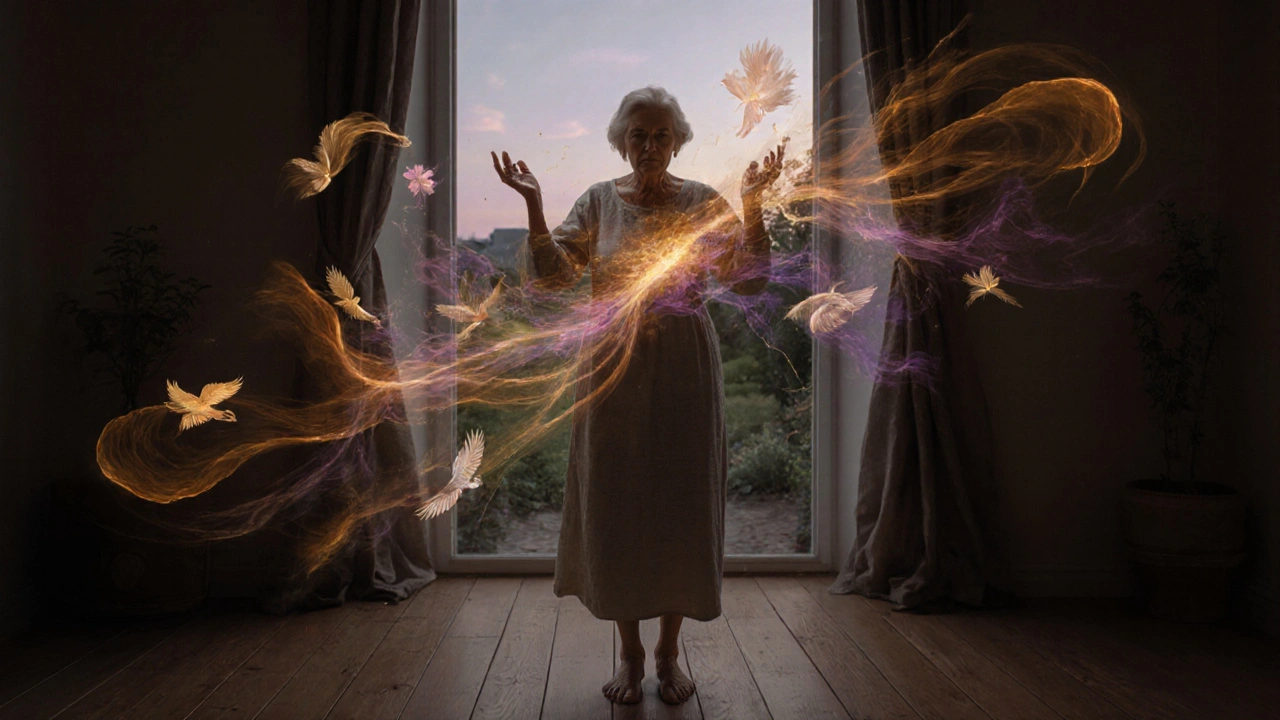Žena v menopauze stojí na zemi, kolem ní se vznášejí světelné proudy přeměňující energii na kreativitu.