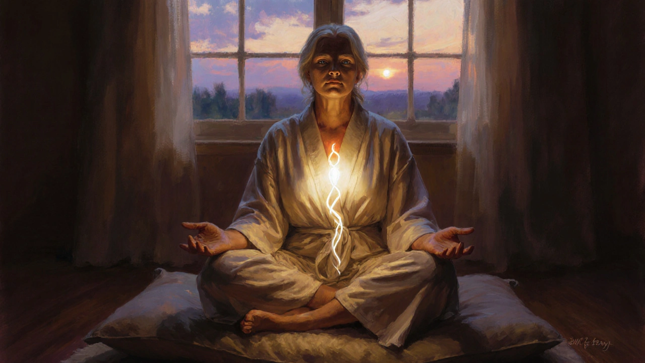 Žena ve středním věku dýchá hluboce, energie se šíří z břicha k srdci v tichém prostředí.