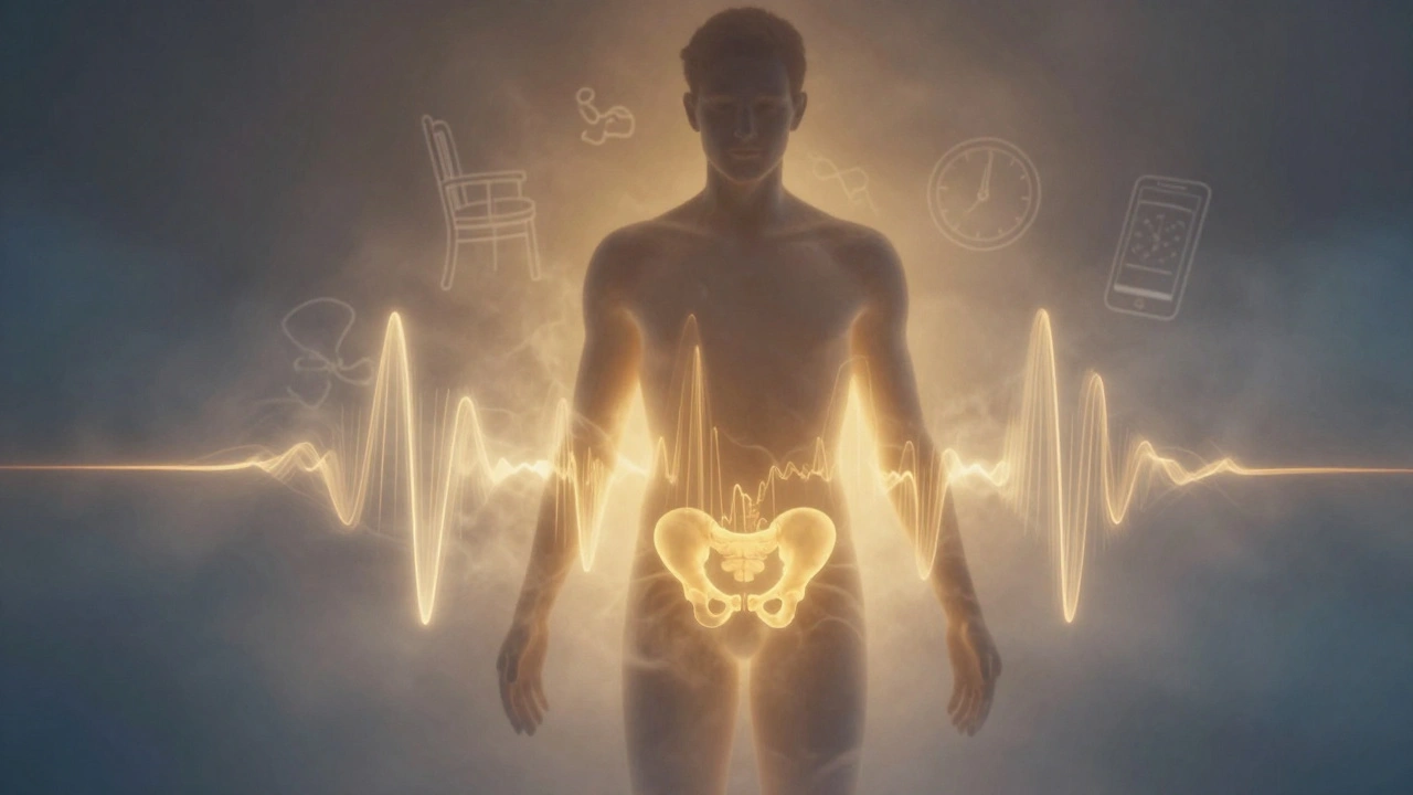 Abstraktní obraz zlaté vlny uvolňující napětí v pánvi, stresové symboly se rozplynou.