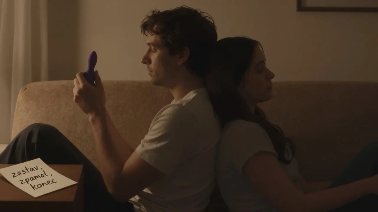 Dva muži sedí na pohovce, jeden drží masážní hračku, druhý opírá hlavu na rameni partnera.