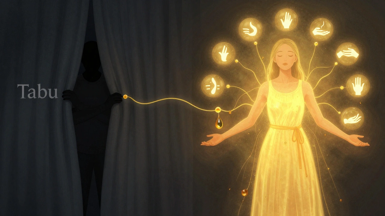 Kontrast: tajené tělo v stínu proti otevřenému tělu v záři — symbolický přístup k dotyku.