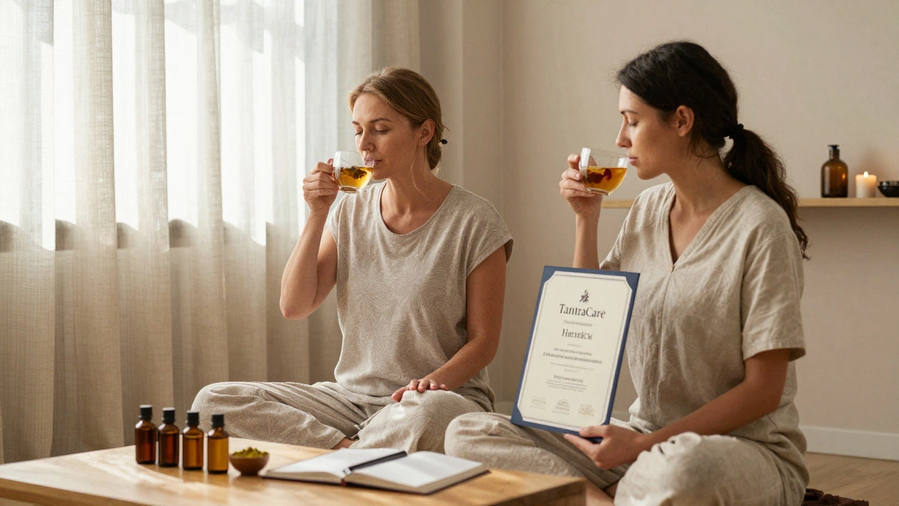 Pár po tantrické masáži v Berlíně pije čaj, na stole certifikát a přírodní oleje.