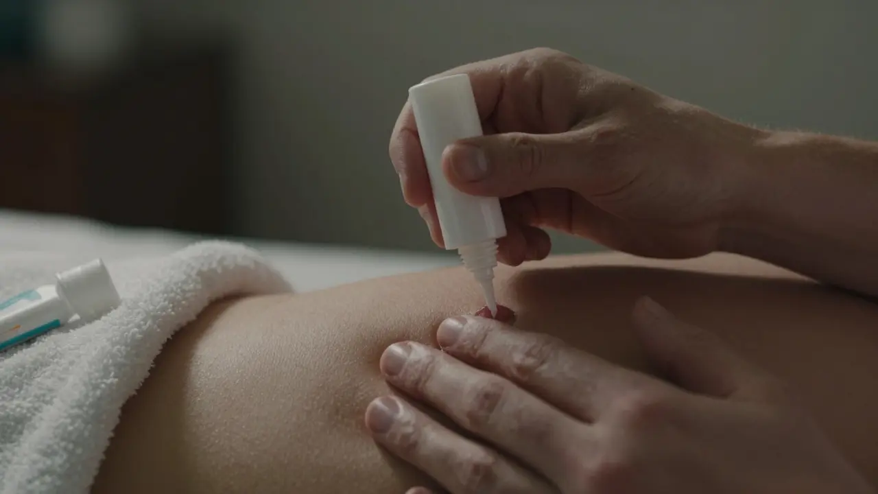 Ruce jednoho partnera jemně stimulují oblast kolem řitního otvoru s vodním lubrikantem.