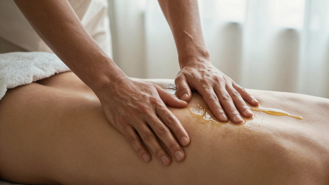 Ruce klouží olejem po zádech v plynulých, dlouhých pohybech kalifornské masáže.