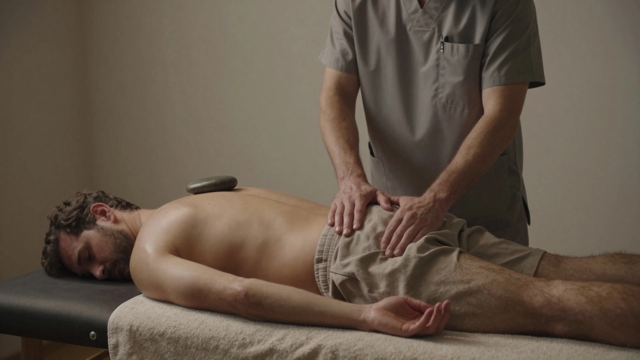 Terapeut jemně masíruje pánvi muže v pozici embryo, teplý kámen na zádech.