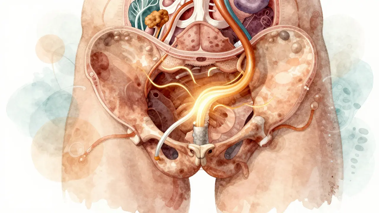 Anatomický náčrt prostaty s vlnami proudu tekutin a zlepšeným prokrvením.