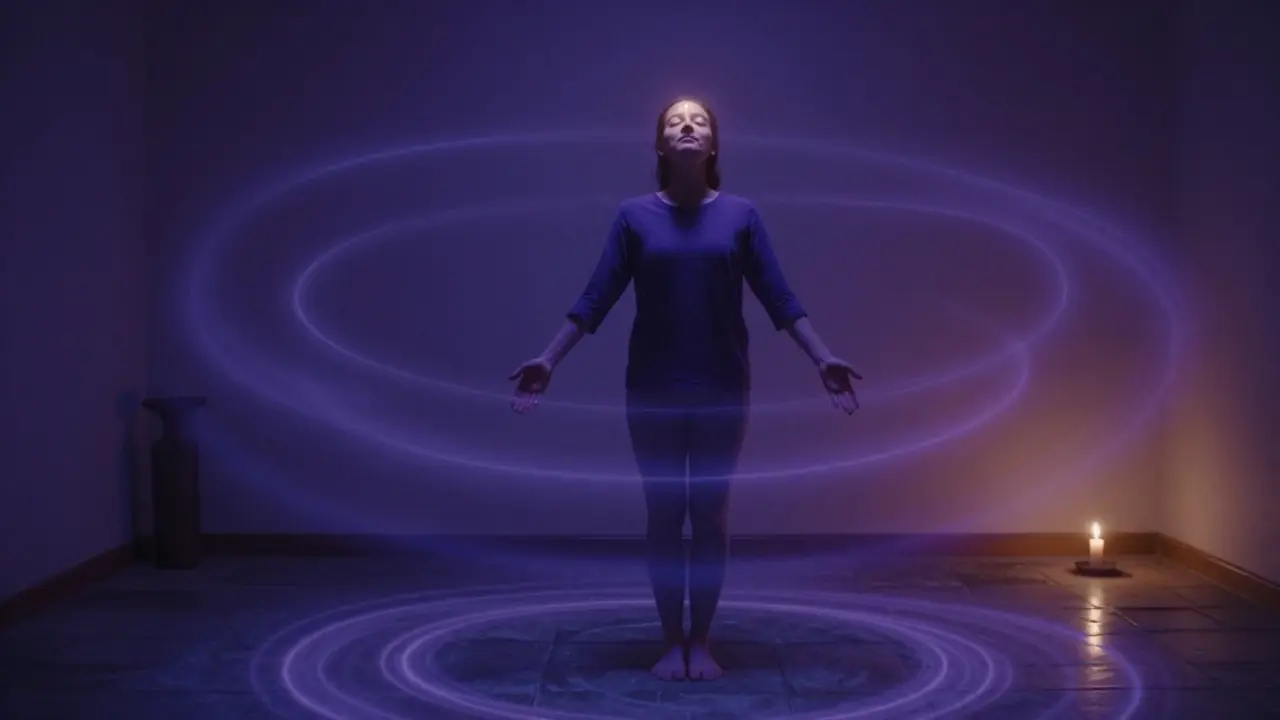 Člověk stojící na kamenité podlaze, kolem něj se šíří viditelné vlny energie v barvách indigo a fialové.