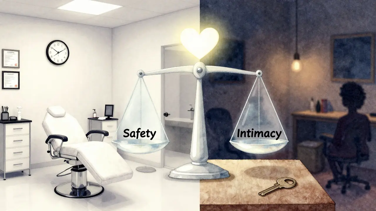 Konceptuální obrázek srovnávající profesionální salon a soukromé studio s vážením bezpečí a intimity.