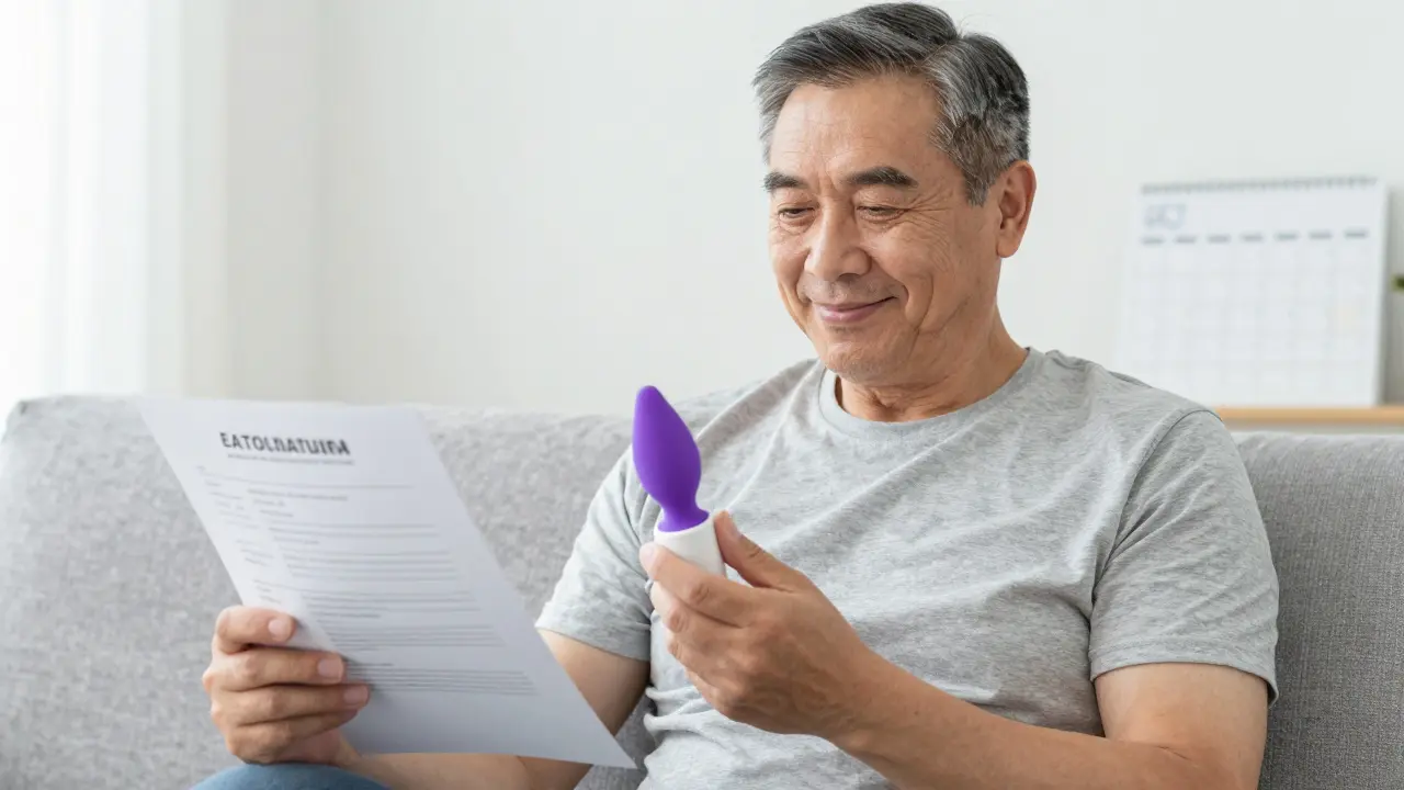 Muž drží lékařsky ověřené zařízení pro masáž prostaty s náznakem pravidelné péče.