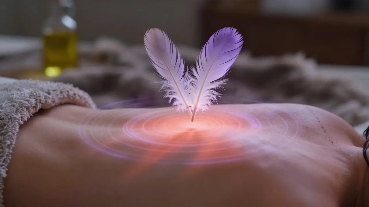 Peříčko visí ve vzduchu nad tělem, s tepelnými vlnami označujícími citlivost kůže.