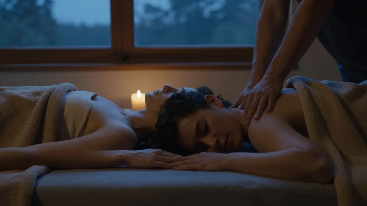 Po masáži leží dvojice vedle sebe, ruce se dotýkají, dýchají spolu ve tichém, klidném prostředí.