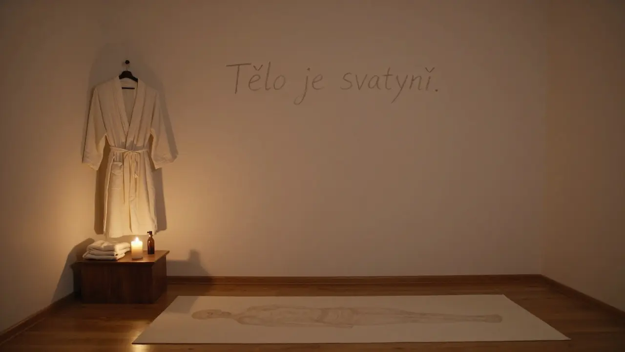 Prázdná místnost s svíčkou, složeným plátnem a olejem — na zdi napsáno: 'Tělo je svatyně.'