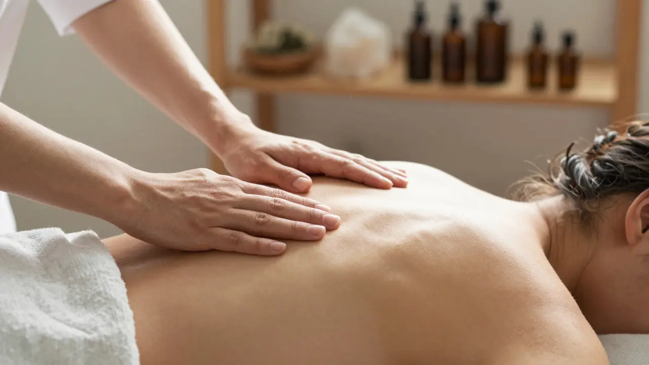 Ruce terapeuty jemně sledují křivku záda přes plátno, v pozadí přírodní oleje a sluneční světlo.