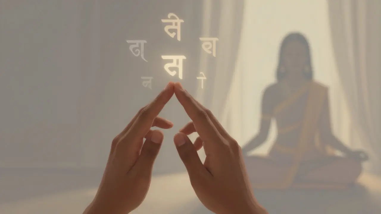 Ruka poklepává mezi obočím, kolem hlavy plavou průhledné sanskrtské symboly v klidném osvětleném prostředí.