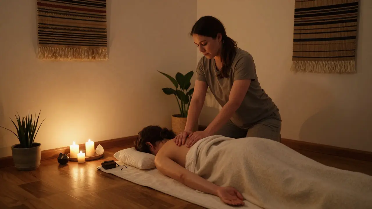 Soukromé studio s teplým osvětlením a intimitní atmosférou pro tantrickou masáž.