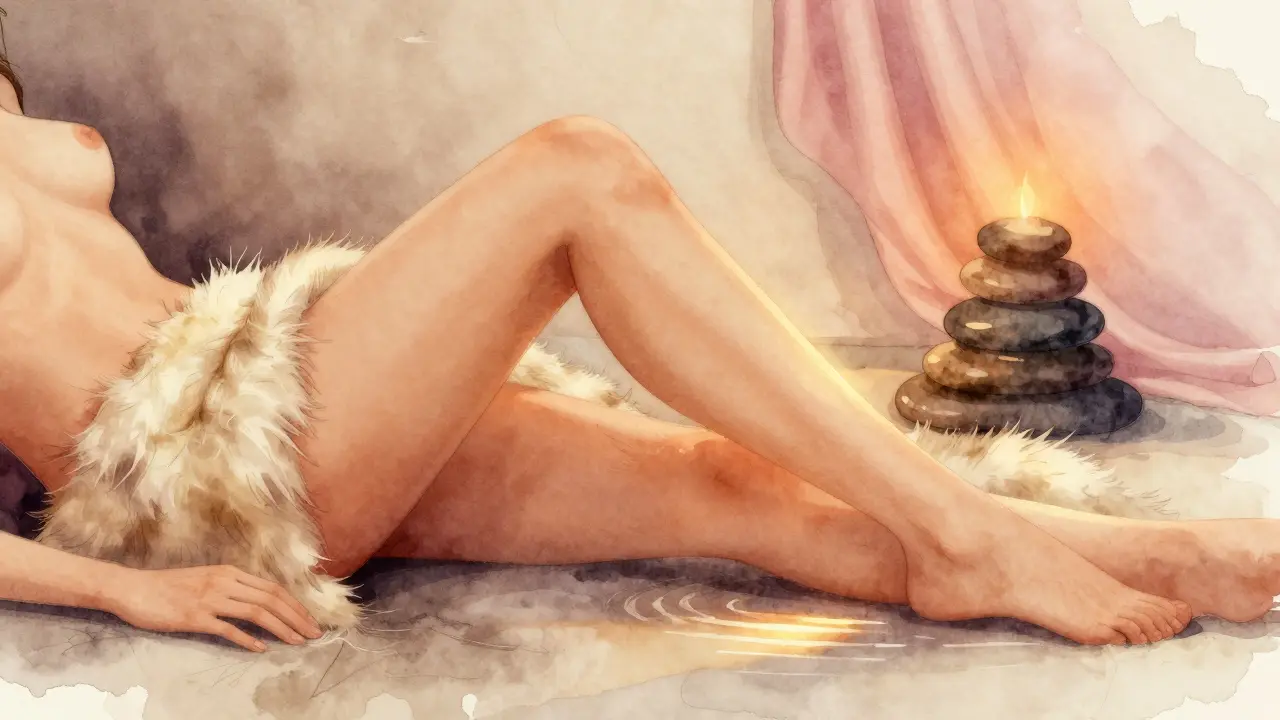 Teplá kožešina se pohybuje po vnitřní straně stehen, vytvářející jemný světelný efekt.