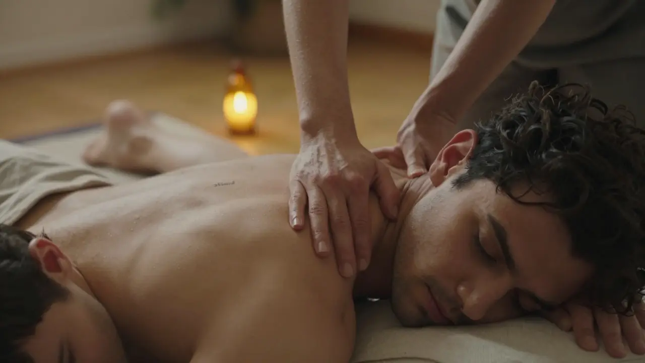 Žena masíruje muži záda, zatímco říká 'zelená' — tichý, intimitní okamžik dotyku a komunikace.