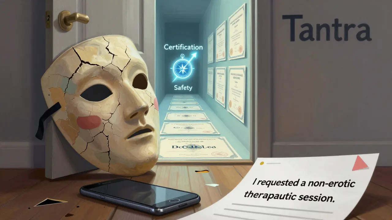 Zlomená maska 'Tantra' odhaluje cestu k certifikaci a bezpečí, telefon je odpojen.