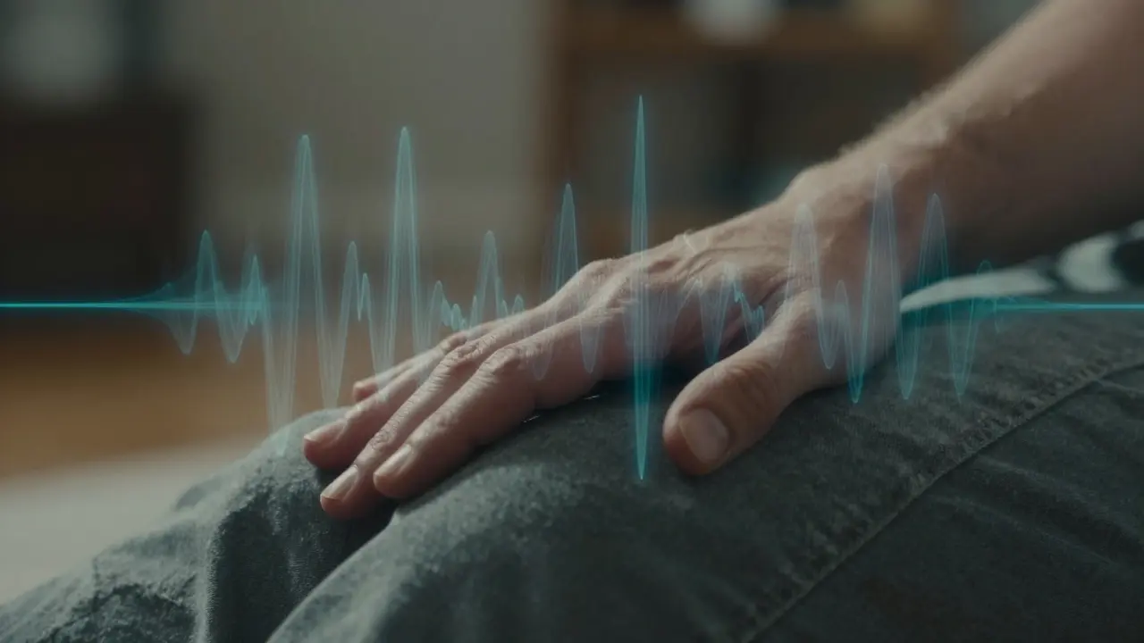 Blízký záběr ruky s jemným třesením, obklopený neviditelnými energetickými vlnami.