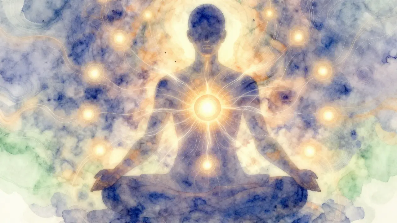 Energetické vlny proudí tělem jako světelné proužky podél čakr, v klidné meditační pozici.