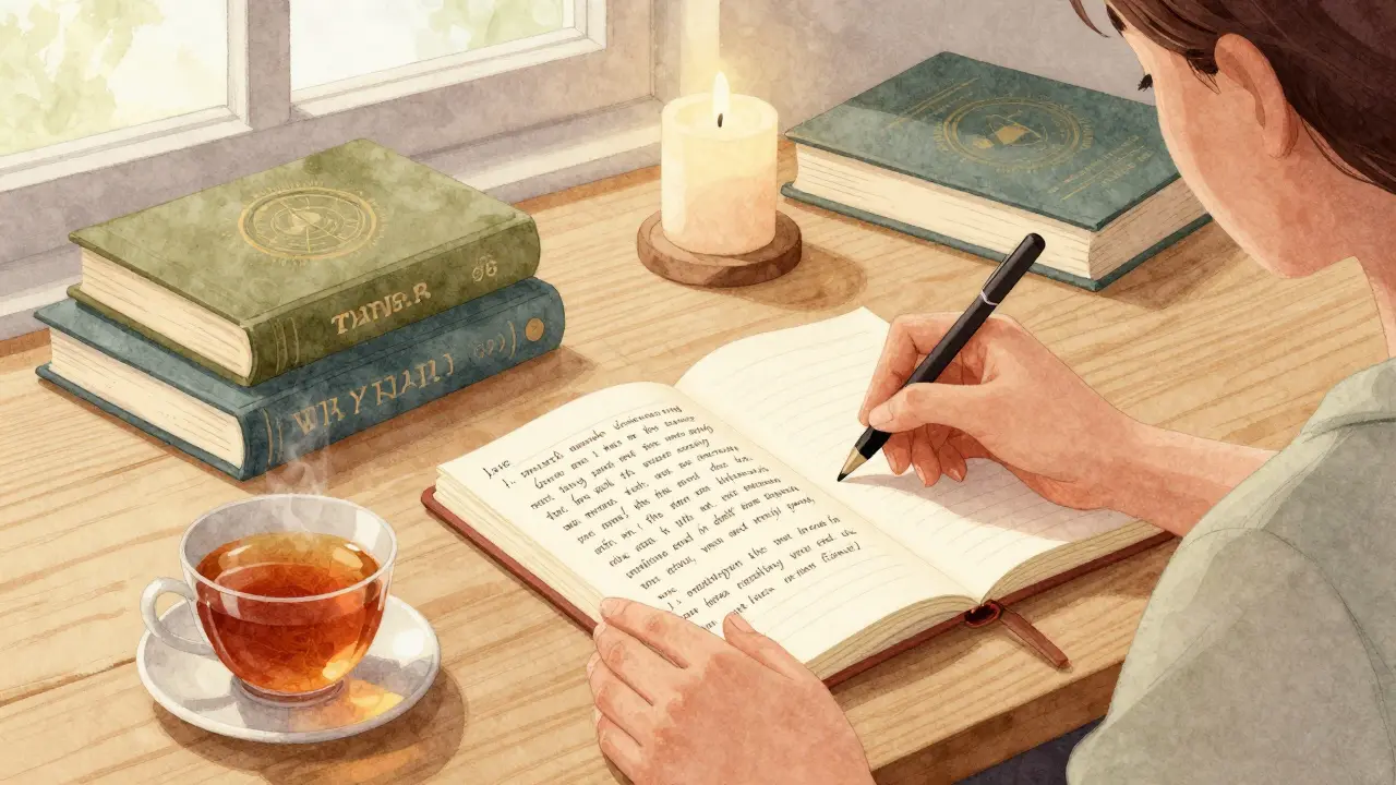 Osoba píšící v zápisníku s knihami o duchovním rozvoji, teplé osvětlení.