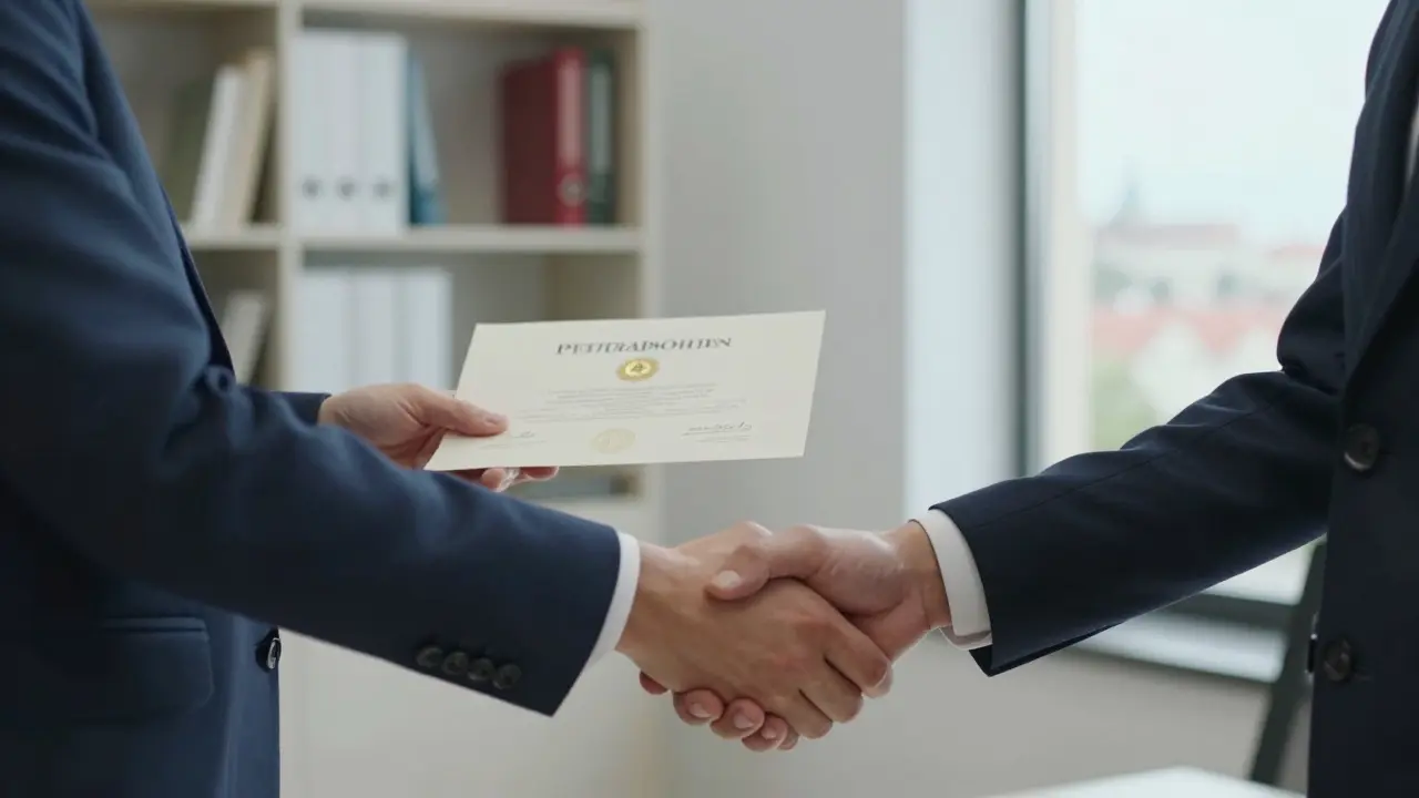 Profesionální stisk ruky s certifikátem v kanceláři s Pražským výhledem.