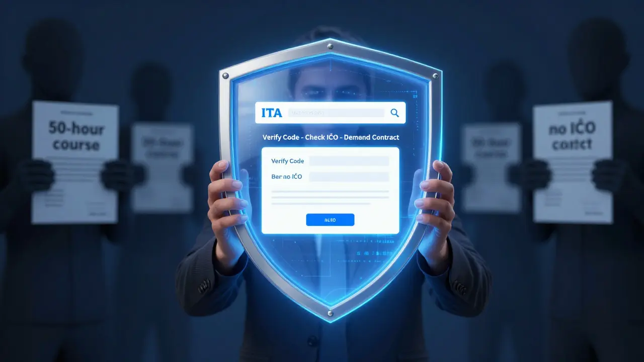 Světlý štít chrání člověka před falešnými certifikáty, na štítu je URL ITA portálu a výzva k ověření.