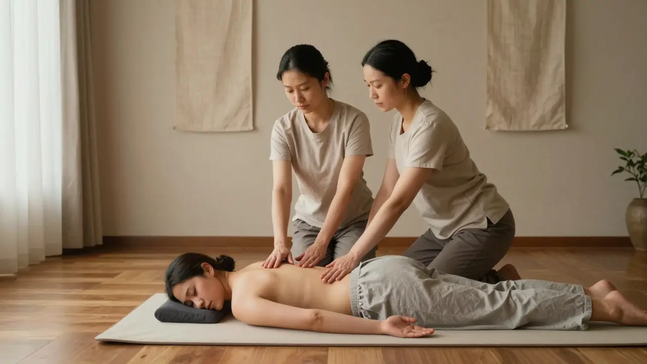 Two therapists working in harmony on a client during a four-handed tantric massage.