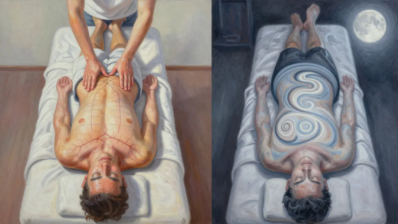 Dvě paralelní scény: švédská masáž s anatomickými čárami a tantrická s energetickými spirálami.